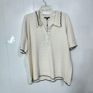 Adrianna Papell 3X Cream Black Scalloped Pullover Top Plus Size Knit V Neck New